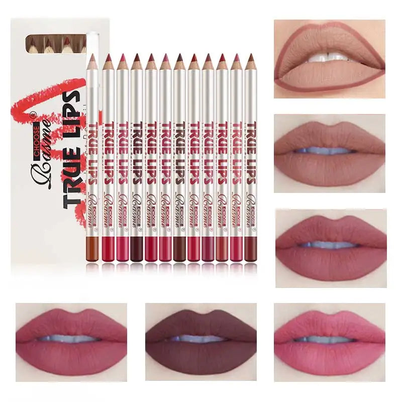 Lipstick Set with Twelve-Piece Assortment Reference, Lip Liner Pencil and Matte Lip Gloss Options in Four Coded Selections for Everyday Makeup and Beauty Gifts