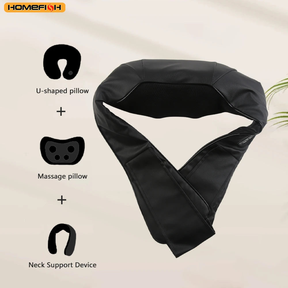 U-Shape Neck and Shoulder Massager with Heat and Reversible Shiatsu-Style Kneading, Four-Button Black or Black Gray Styles with US or EU Plug Options for Adult Relaxation
