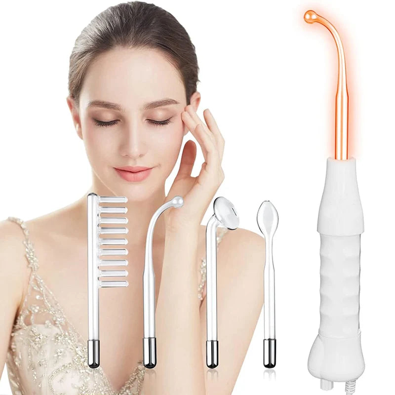 High Frequency Facial Wand Set with Four Glass Tube Attachments and English Manual, Glass and ABS Beauty Equipment in US, EU, UK or AU Plug Options