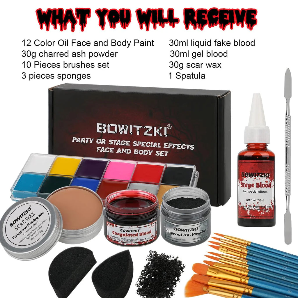 Halloween SFX Makeup Set by Bowitzki with Fake Blood, Scar Wax and Charred Ash Powder References for Simulated Costume Effects, Cosplay and Stage Looks