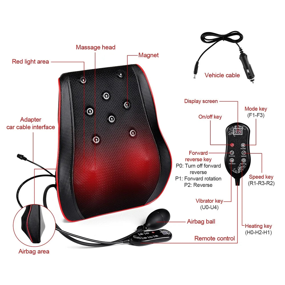 Back and Neck Massage Pillow with Listed 24W Power, PU Surface, One-Button Control and 15-Minute Auto Shutoff, Adapter and Vehicle Cable for Adult Relaxation
