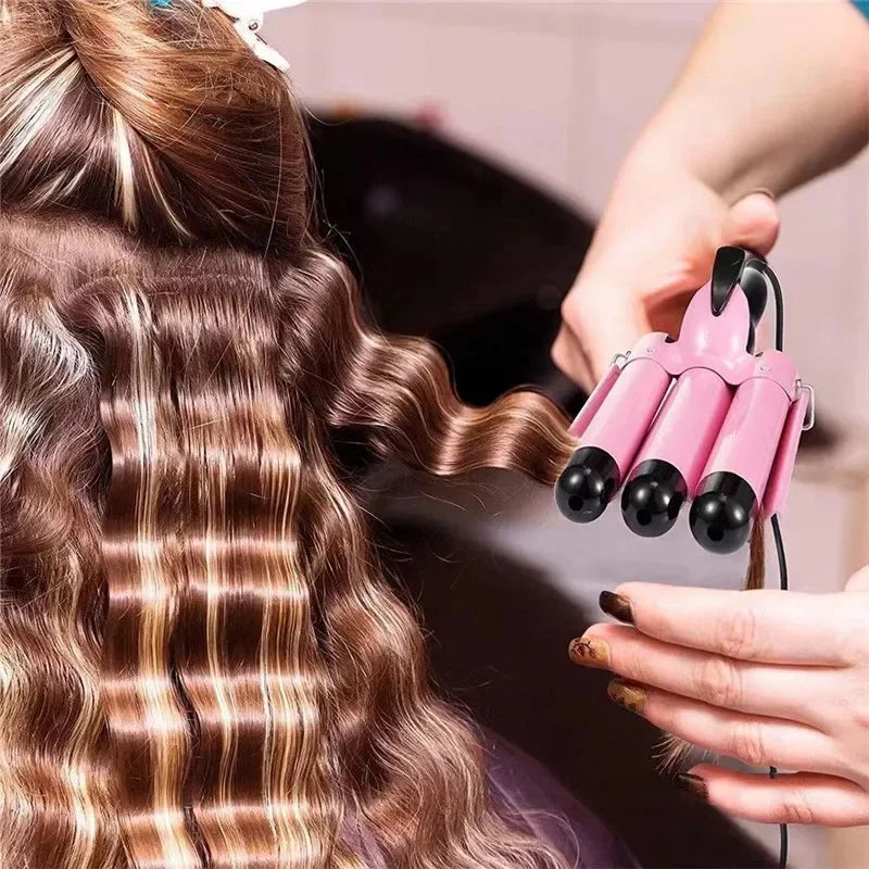 22mm Triple Barrel Hair Waver, Pink Wave Styling Iron with Ceramic Material Reference and UK, EU or US Plug Choices for Adult Hair Routines