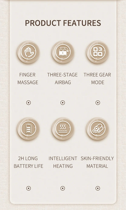 Heated Finger and Palm Massager in Gray with 13 TPU Airbags, Three Modes, Five Intensity Levels, 2000mAh Battery and Type-C Charging for Adult Relaxation