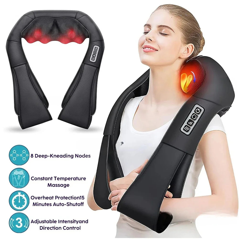 U-Shape Neck and Shoulder Massager with Heat and Reversible Shiatsu-Style Kneading, Four-Button Black or Black Gray Styles with US or EU Plug Options for Adult Relaxation