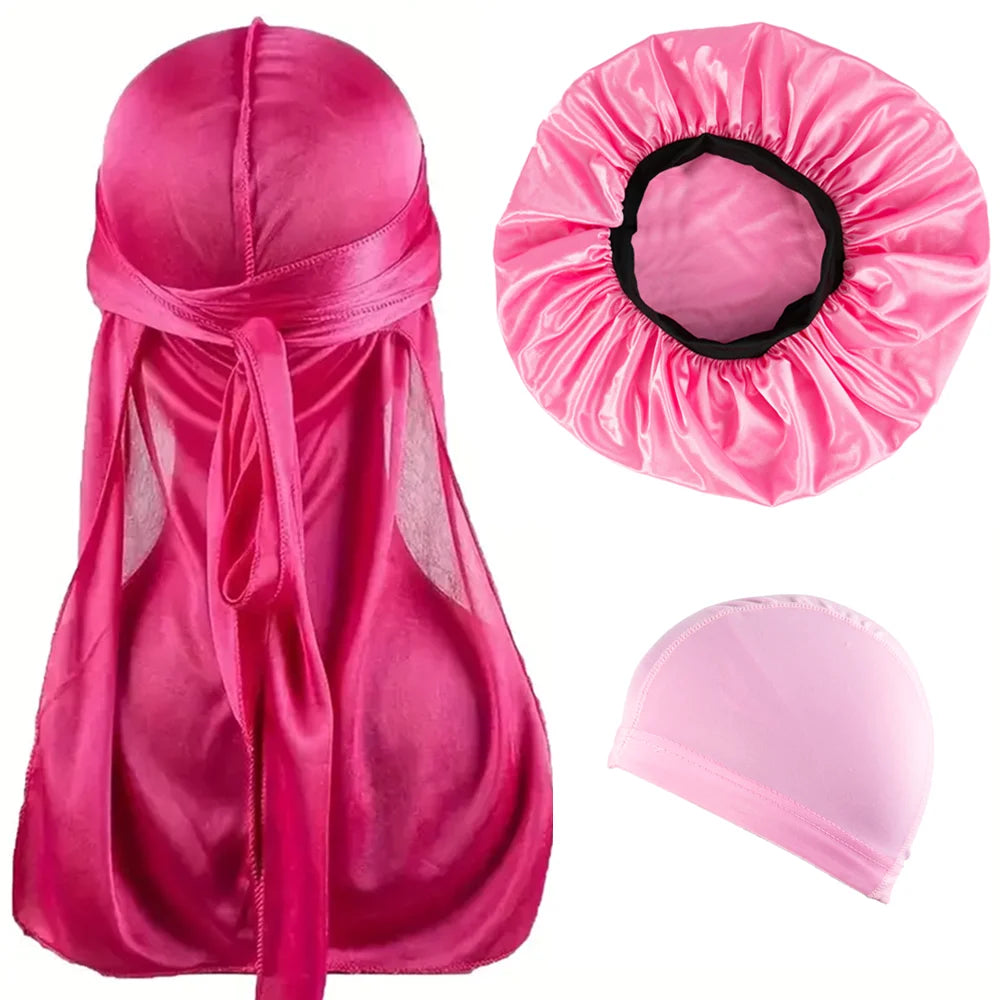 Durag Bonnet and Dome Cap Set, Listed Three-Piece Solid-Color Satin Headwear with Elastic Night Cap Reference for Adult Hair Wrap Routines and Casual Styling