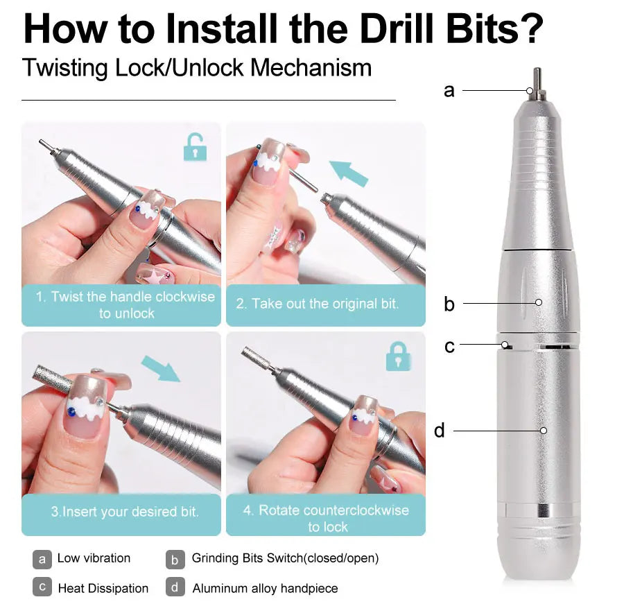 Portable Nail Drill V2 with Listed 45,000 RPM Adjustable Speed, 1800mAh Rechargeable Battery, LCD Display and Six Bits for Acrylic and Gel Manicures