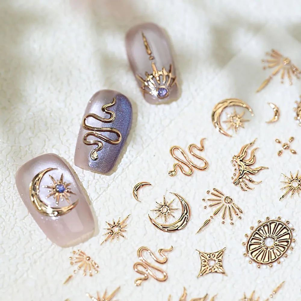Snake and Moon Nail Art Stickers, Gold and Silver 5D Self-Adhesive Star Decals with Bronzing-Style Details for DIY Manicures and Nail Decoration