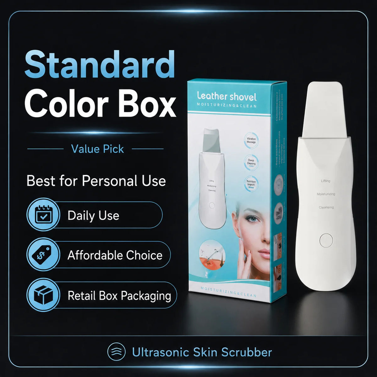 Ultrasonic Skin Scrubber for Facial Cleansing and Cosmetic Exfoliation, Adult Home Skincare Tool in Standard Color Box or Premium Version Options