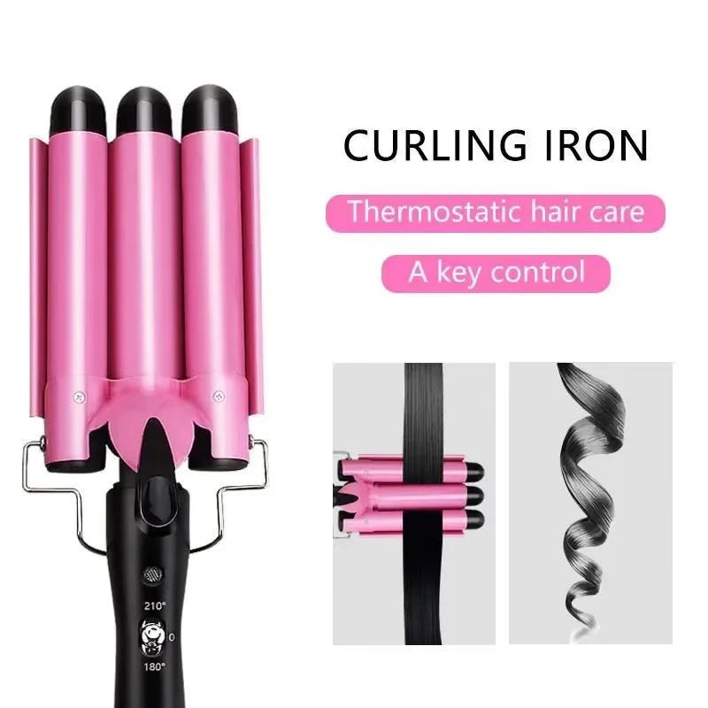 22mm Triple Barrel Hair Waver, Pink Wave Styling Iron with Ceramic Material Reference and UK, EU or US Plug Choices for Adult Hair Routines