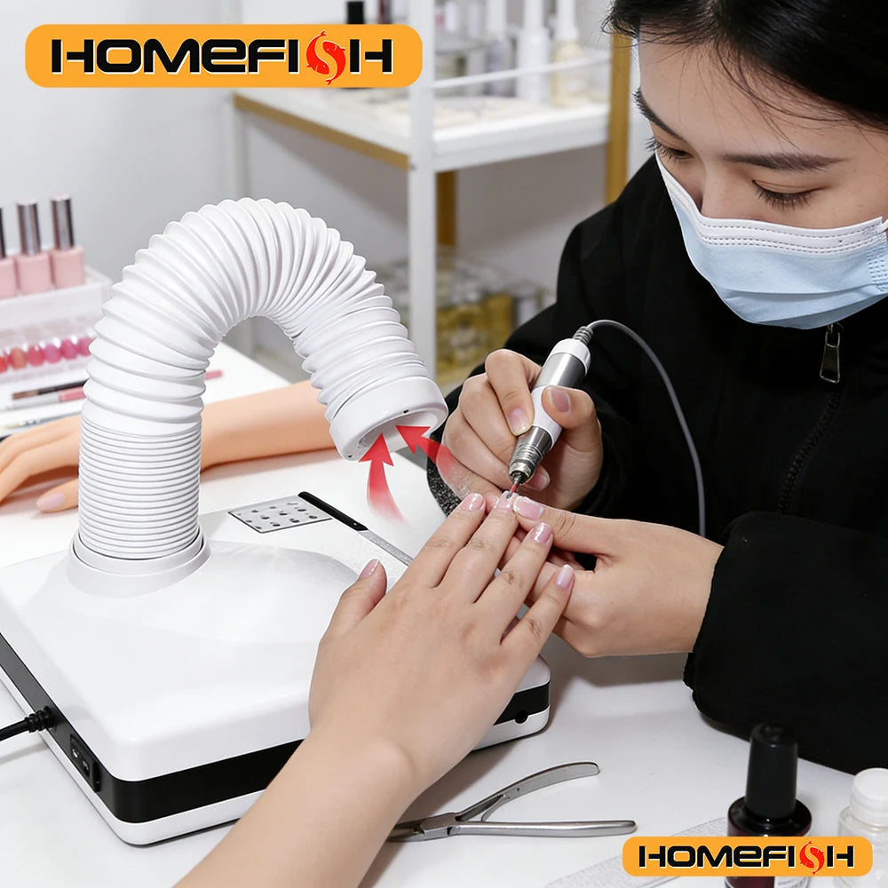 Nail Dust Collector with Tube Intake and Three LED Spotlights, Touch-Control White Manicure Vacuum with Replaceable Filter and Listed 60W EU Plug Options