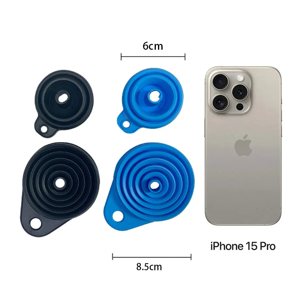 Collapsible Silicone Car Funnel for Compatible Liquid Transfer, Small 6cm or Large 8.5cm Width with 1, 2 or 4-Piece Choices and Foldable Garage Storage Design