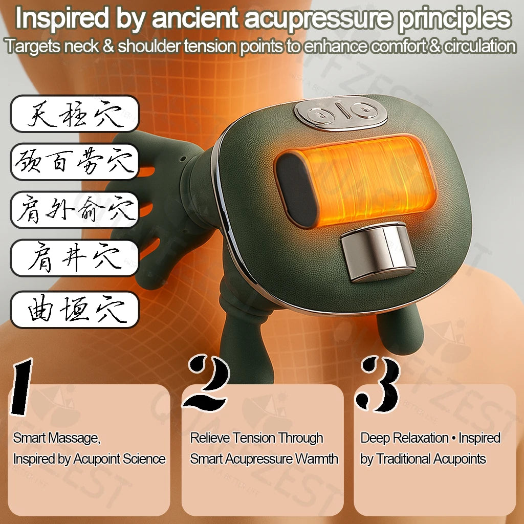 Neck and Shoulder Massager N7 in Moss Green with Cordless Kneading, Three Massage Levels, Two Heat Settings and Listed 2000mAh Battery for Home Personal Care