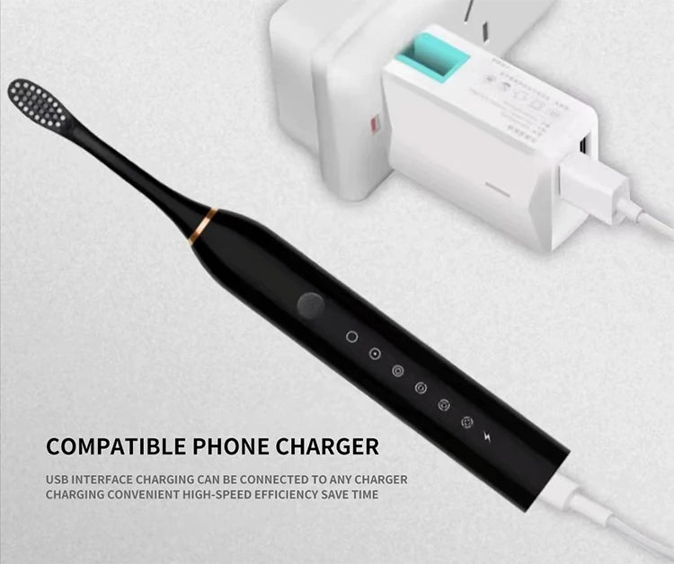 USB Rechargeable Electric Toothbrush for Adults, X3 Six-Mode Soft Bristle Brush with Two-Minute Cycle, 30-Second Reminders and Four-Head Option Labels