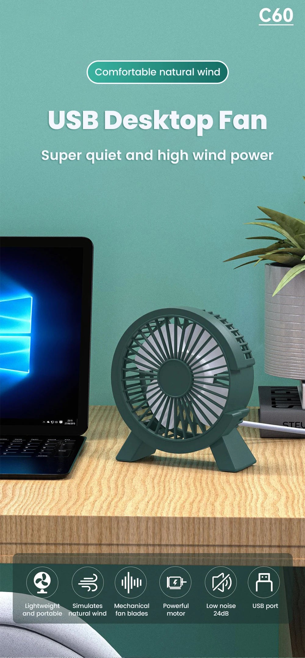 USB Powered Mini Desk Fan for Home Office and Student Study Spaces, Direct-Connection Tabletop Personal Fan in Green, White or Pink