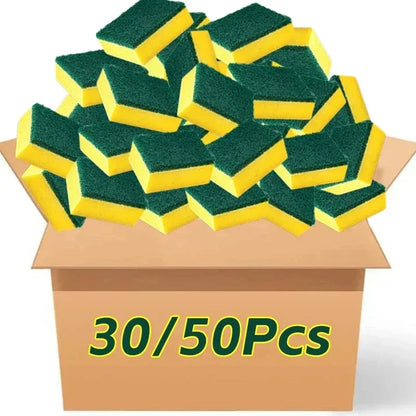 Yellow and Green Dish Sponges with Fiber Scouring Pads, Double-Sided Kitchen Cleaning Sponges in 10, 30 or 50-Piece Packs for Compatible Tableware and Pots