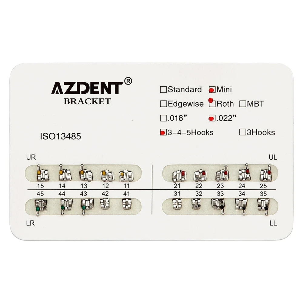Orthodontic Metal Brackets by AZDENT, Mesh Base Mini and Standard Options with Roth, MBT or Edgewise Styles, 018 or 022 Slots, 10 Packs of 20 Pieces