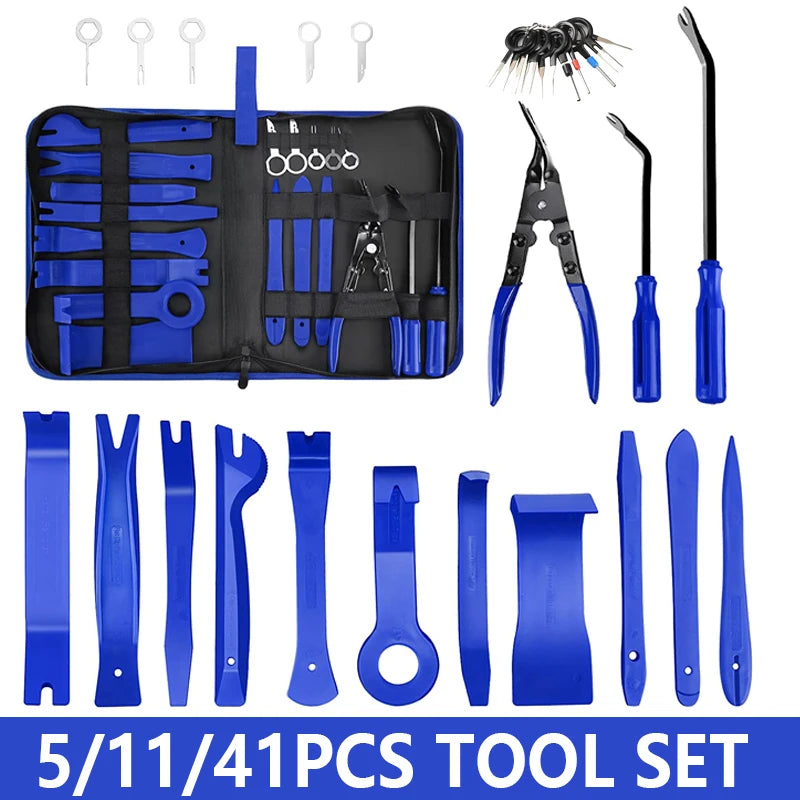 Car Panel Removal Tool Kit with 5, 11 or 41-Piece Options in Red or Blue, Manual Tools for Audio Surrounds, Door Panels, Moldings and Dashboard Trim