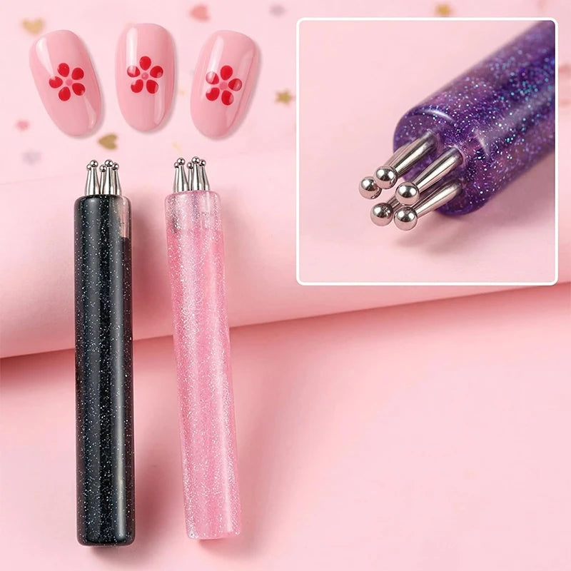 Five-Petal Nail Dotting Tool, 1.8mm Metal Fine Tip with Glitter Handle for Daisy Flower Nail Designs, Dot Patterns and Rhinestone Placement in Four Color Options