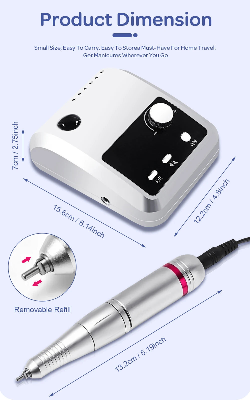 Rechargeable Nail Drill 204 with Listed 45,000 RPM Maximum, LCD Speed and Battery Display, Brushless Motor and Aluminum Alloy Body for Acrylic and Gel Filing