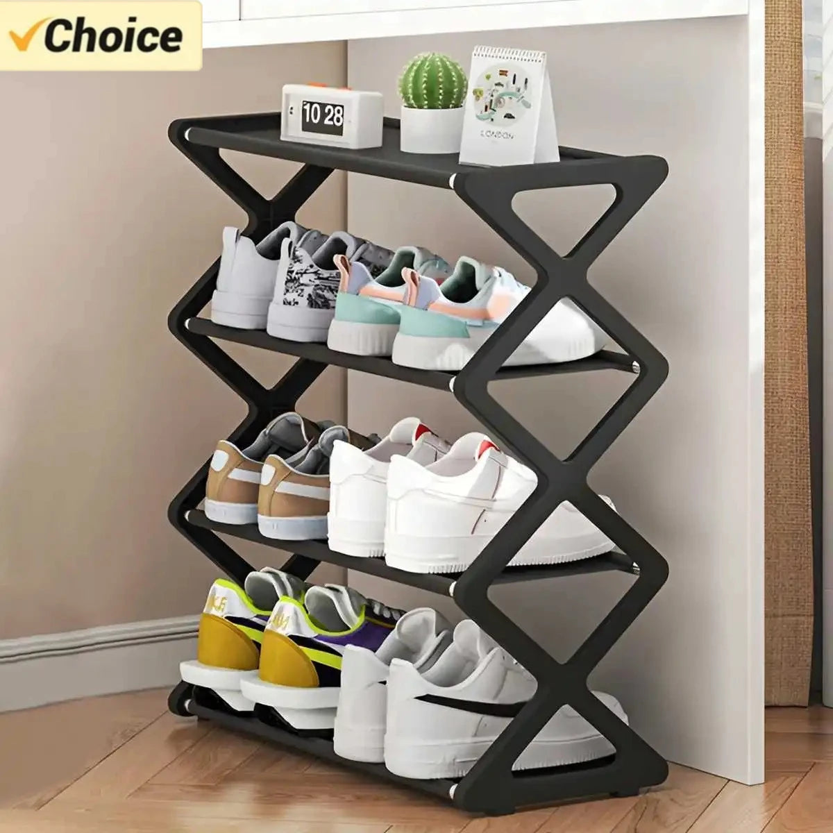 Four-Tier X-Frame Shoe Rack with Steel Tubes and Cloth Shelves, Compact Tool-Free Footwear Organizer for Entryways, Dorm Rooms and Bedroom Storage