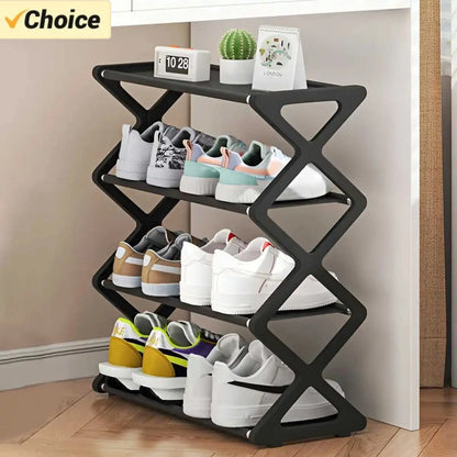 Four-Tier X-Frame Shoe Rack with Steel Tubes and Cloth Shelves, Compact Tool-Free Footwear Organizer for Entryways, Dorm Rooms and Bedroom Storage