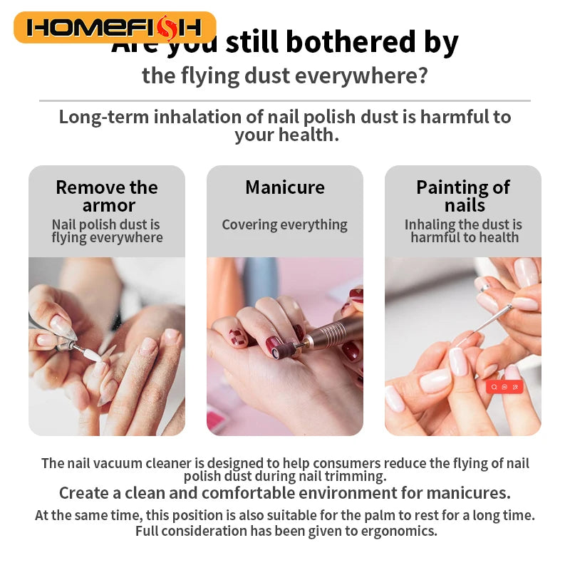 Brushless Nail Dust Collector WL007 with Three Fan Speeds and Removable Reusable Filter, White Manicure Vacuum with US or EU Adapter Options