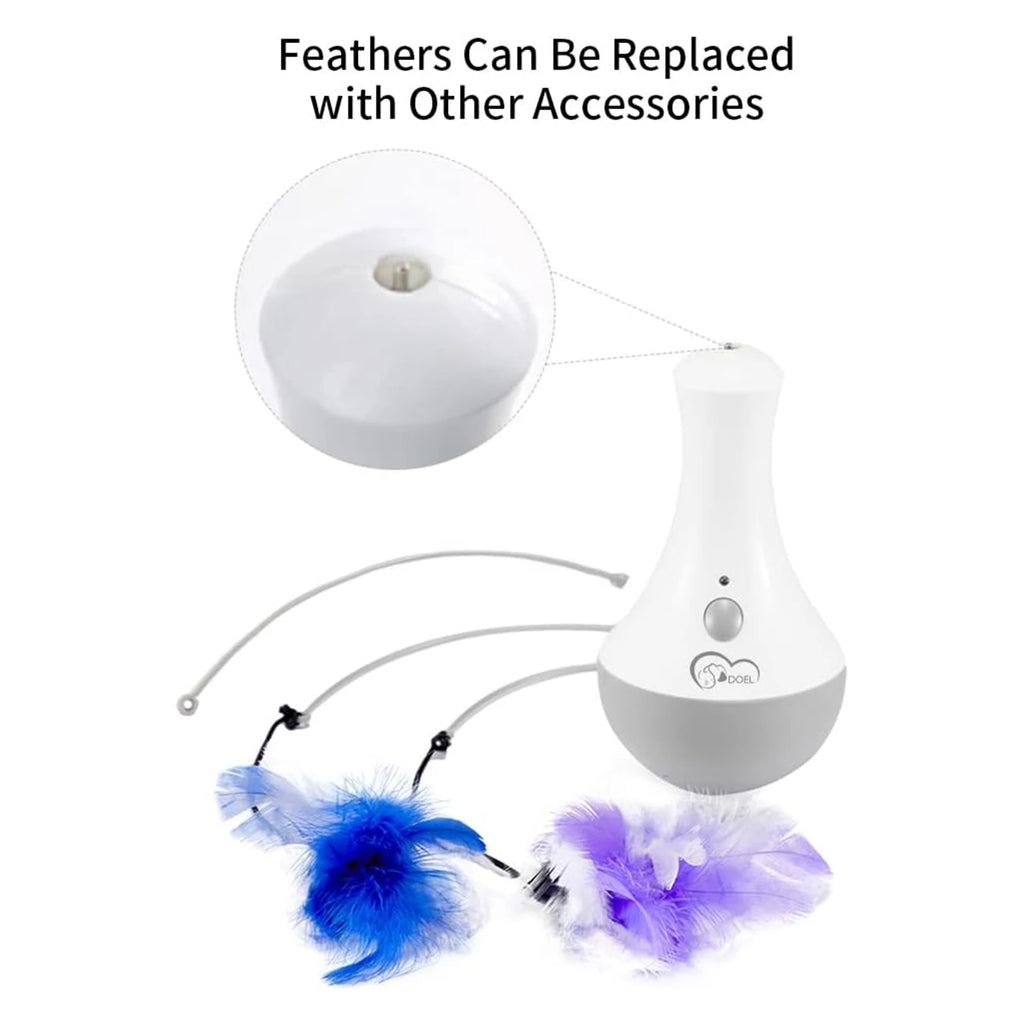 Automatic Feather Cat Toy by DOEL with 360-Degree Random Rotation, Two Interchangeable Feathers and 15-Minute Auto Shutoff for Supervised Indoor Play, White