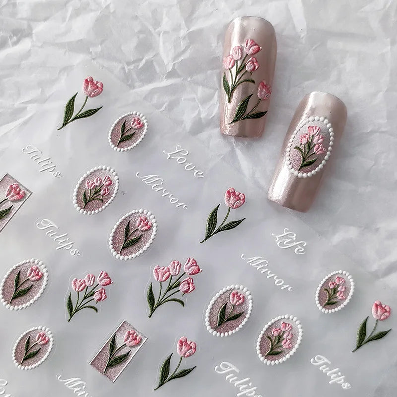 1Pcs 5D Tulip Flower Nail Stickers Embossed Self Adhesive Summer Design For Women Household Salon Manicure Supply