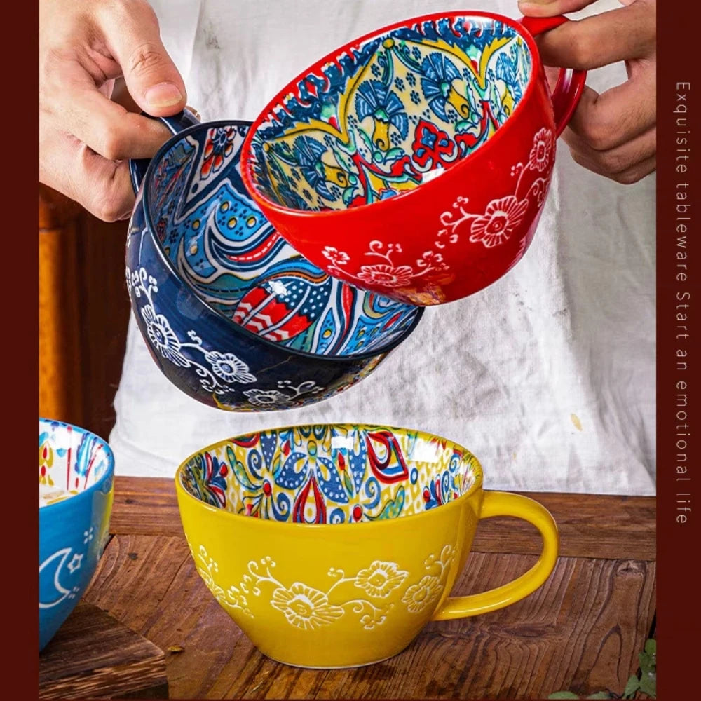 Bohemian Ceramic Coffee Mug with Hand-Painted Style Reference, Dark Red, Green, Blue and Yellow Cup Options Plus Coded Selection for Tea Breaks and Kitchen Gifts