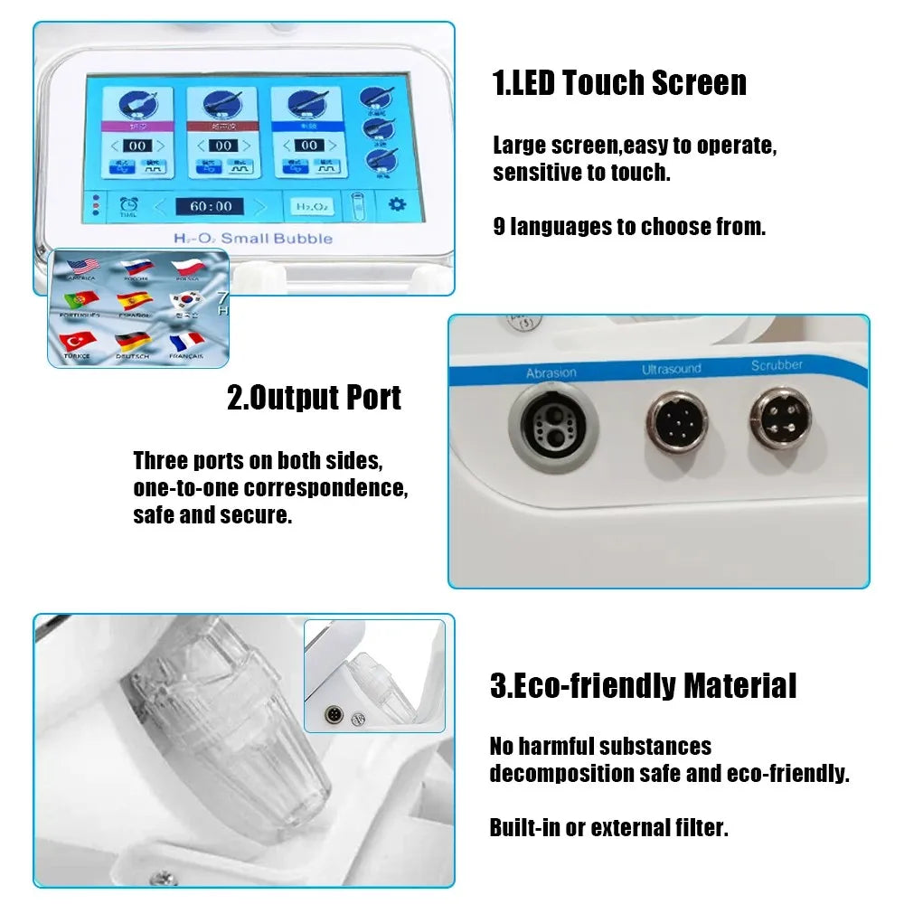 Touchscreen Hydro Facial Equipment with A/B/C Solution Tanks, Multi-Handpiece Beauty Machine References and 110v, 220v or DL Selection Labels