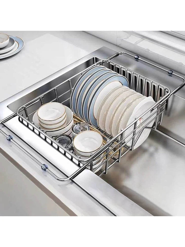 Telescopic Sink Drain Basket, Stainless Steel Expandable Dish Drying Rack with Medium or Large Size Options for Kitchen Cups, Plates and Produce Rinsing
