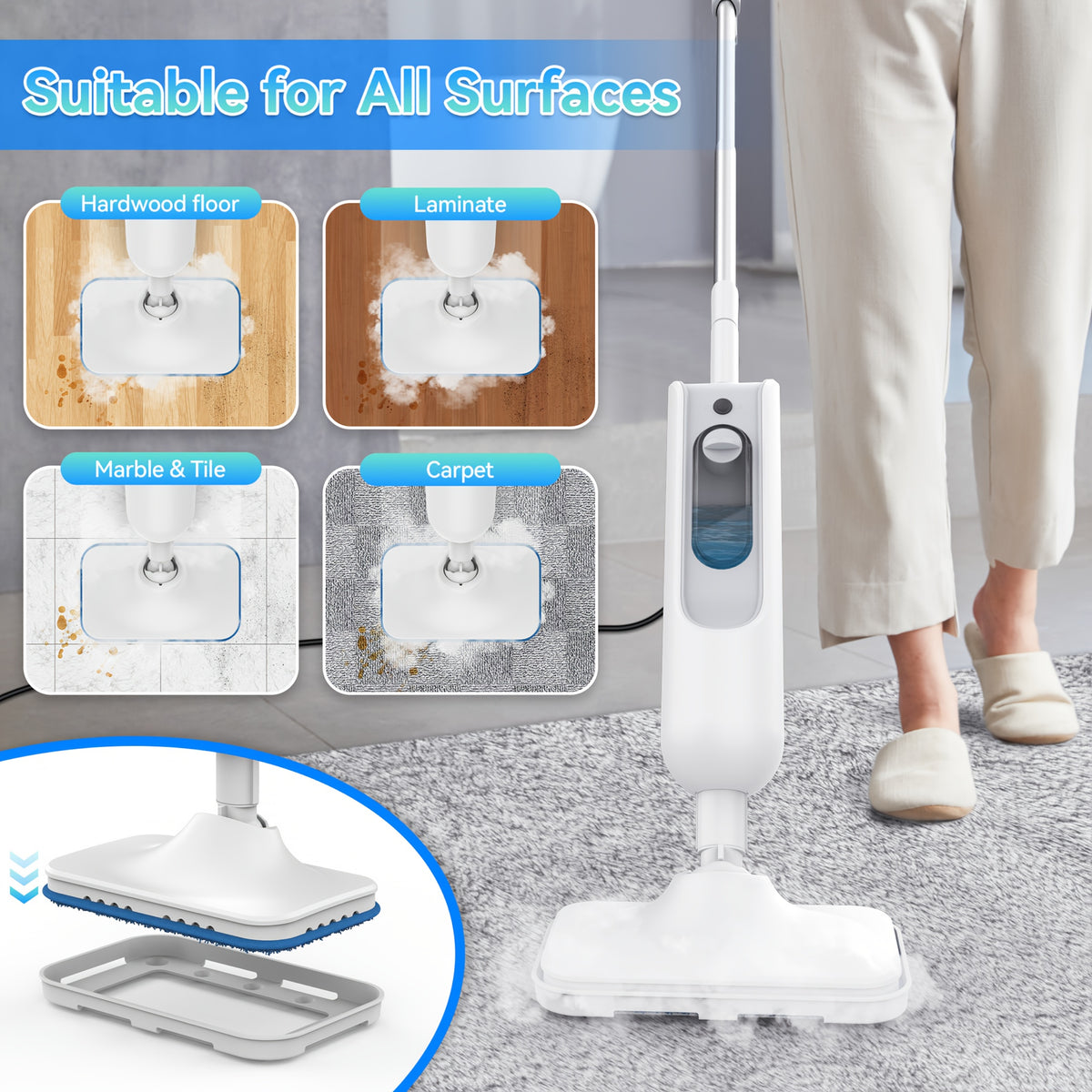 Steam Mop Cleaner INSE F2 White with Listed 10-in-1 Multifunction Design, 15-Second Heating and High-Temperature Steam for Compatible Home Cleaning Tasks