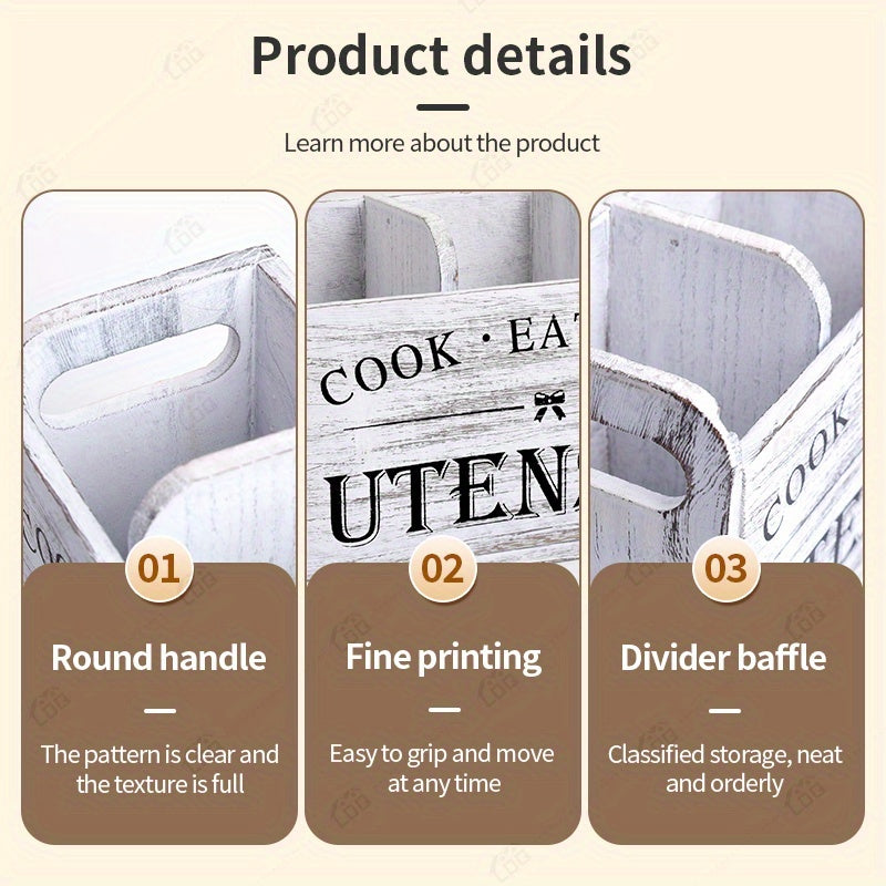 Wooden Kitchen Utensil Holder by LDQ, Rustic Countertop Organizer in Black or White with Two-Compartment Options for Forks, Spoons and Whisks