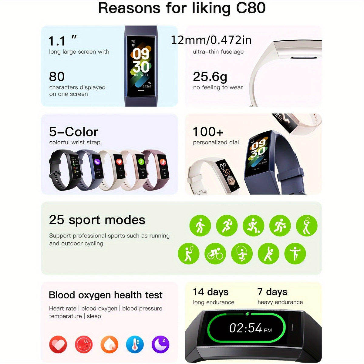 Fitness Tracker Bracelet with 1.1-Inch AMOLED Touch Screen, 25 Sport Modes, Sleep Tracking and Custom Watch Faces for Women and Men