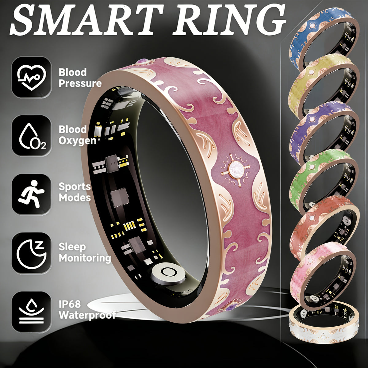 Photo Gesture Smart Ring for Women with Fitness and Sleep Tracking, Listed Strava Sync and iPhone Android Support, Five Colors in US Sizes 7–10
