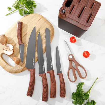 Kitchen Knife and Rack Set, Seven-Piece Collection with Chef, Bread, Replaceable Blade, Multipurpose and Fruit Knives plus Scissors for Home Meal Preparation