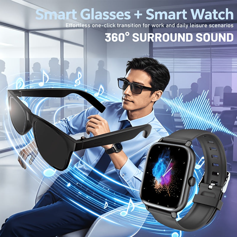 Smartwatch and AI Translation Glasses Bundle with Full Touchscreen, Online Multilingual and Photo Translation, Built-In Microphone and Speaker for Wireless Calls