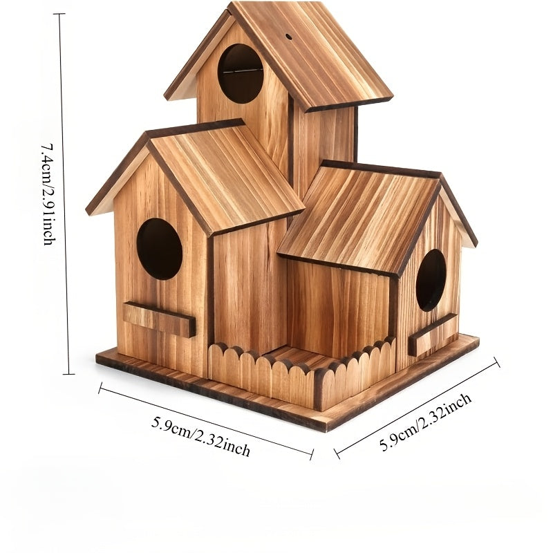 Hanging Bird House with Three Listed Openings and Artificial Wood Material Reference, Garden Shelter Design for Decorative Yard Displays and Birdwatching Areas