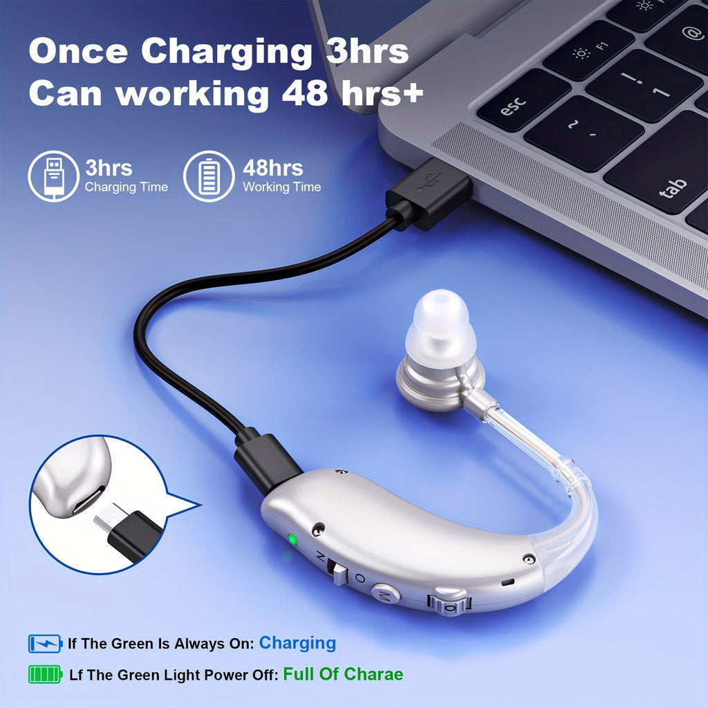 BTE Rechargeable Hearing Aids Pair with Three Frequency Modes, Four Volume Levels, USB Charging and Eight Domes in Silvery, Brown or Blue