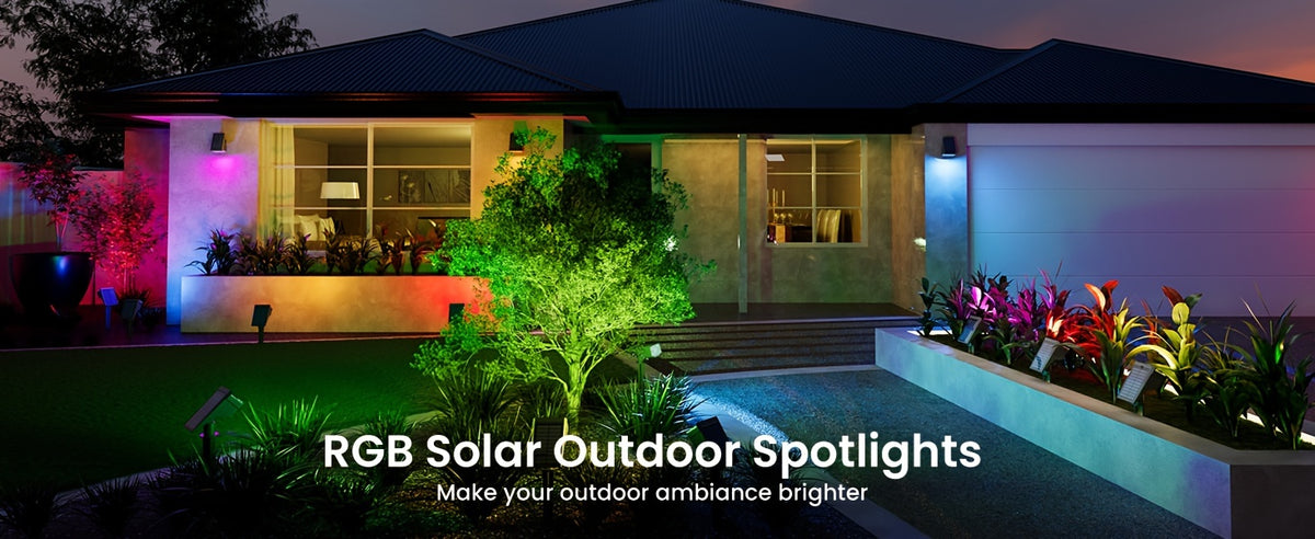 RGB Solar Garden Spotlights with Listed Nine Lighting Modes, Multicolor Outdoor Landscape Accent Lights in Two, Four or Six Pack Options for Holiday Decor