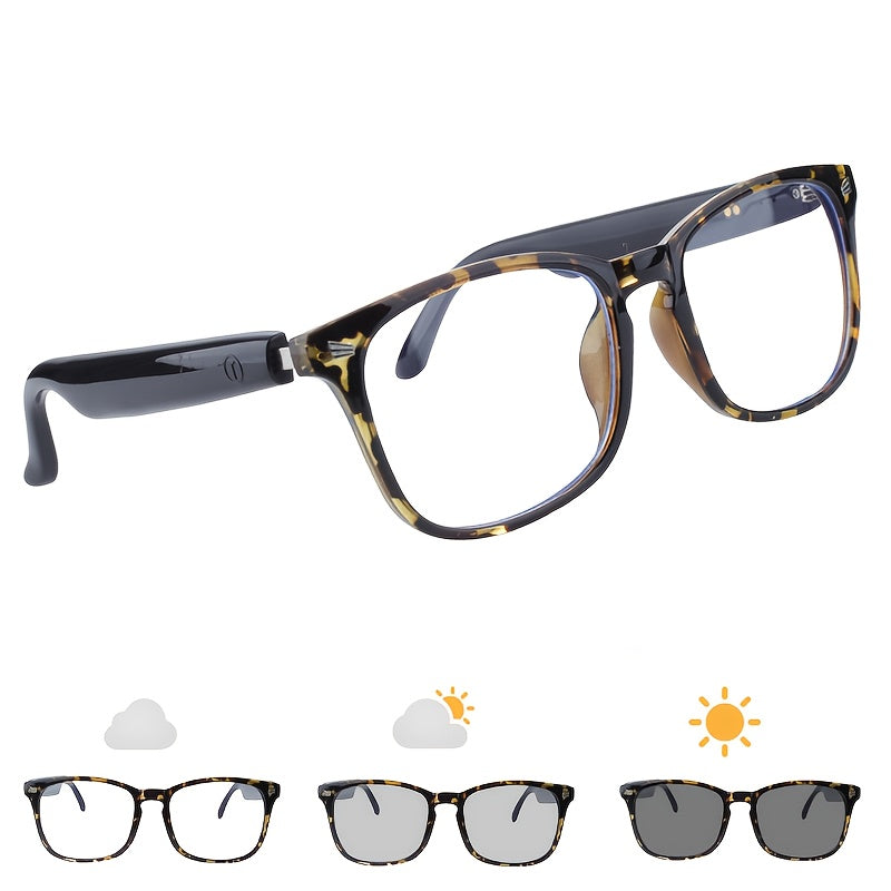 Photochromic Audio Glasses with Touch Control, Built-In Microphone and Rechargeable Wireless Sound, Yellow Frame and Black Temples for Work and Daily Wear
