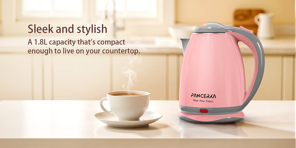 Pink or White Electric Tea Kettle by PANCERKA with Listed 1.8-Liter Capacity, Stainless Steel Material and Automatic Shutoff for Countertop Hot-Water Preparation