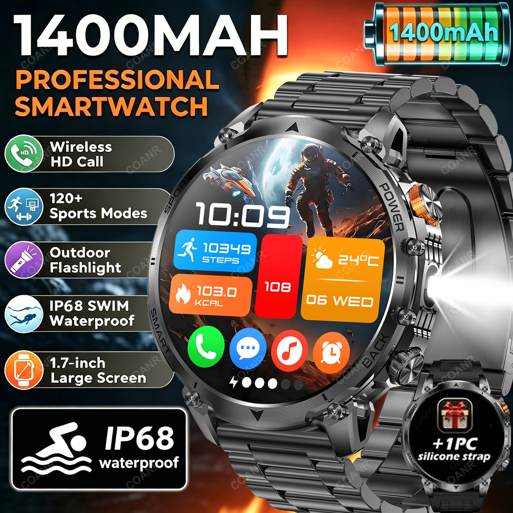 AMOLED Outdoor Smartwatch for Men by COANR with 1.7-Inch Touchscreen, 1400mAh Battery, Compass, LED Flashlight, AI Assistant and Wireless Calling