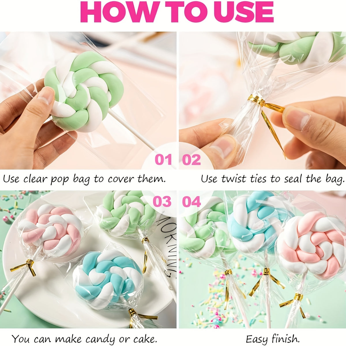 Cake Pop Treat Bag Kit, 297-Piece Mixed Set of Plastic Bags, Lollipop Sticks and Golden Metallic Twist Ties for Candy Packaging and Party Favor Presentation