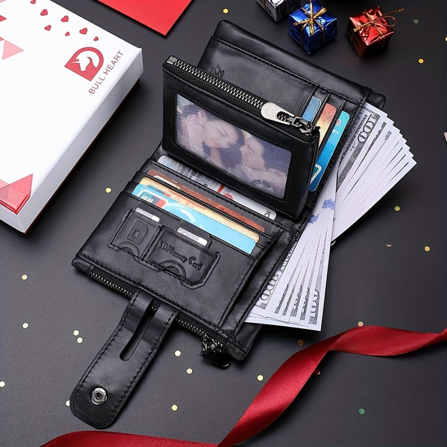 Mens Chain Wallet in Black with Short Wallet Format, Listed Card Clip and Double Zipper Change Storage for Everyday Card Organization and Gift Shopping