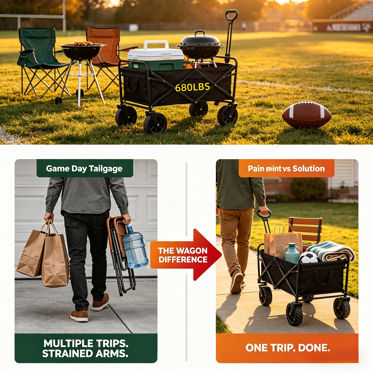 Camping Supply Folding Wagon Cart with Listed Five-Inch Tires, Collapsible Utility Carrier in Four Load-Labeled Options for Garden Gear, Beach Trips and Moving