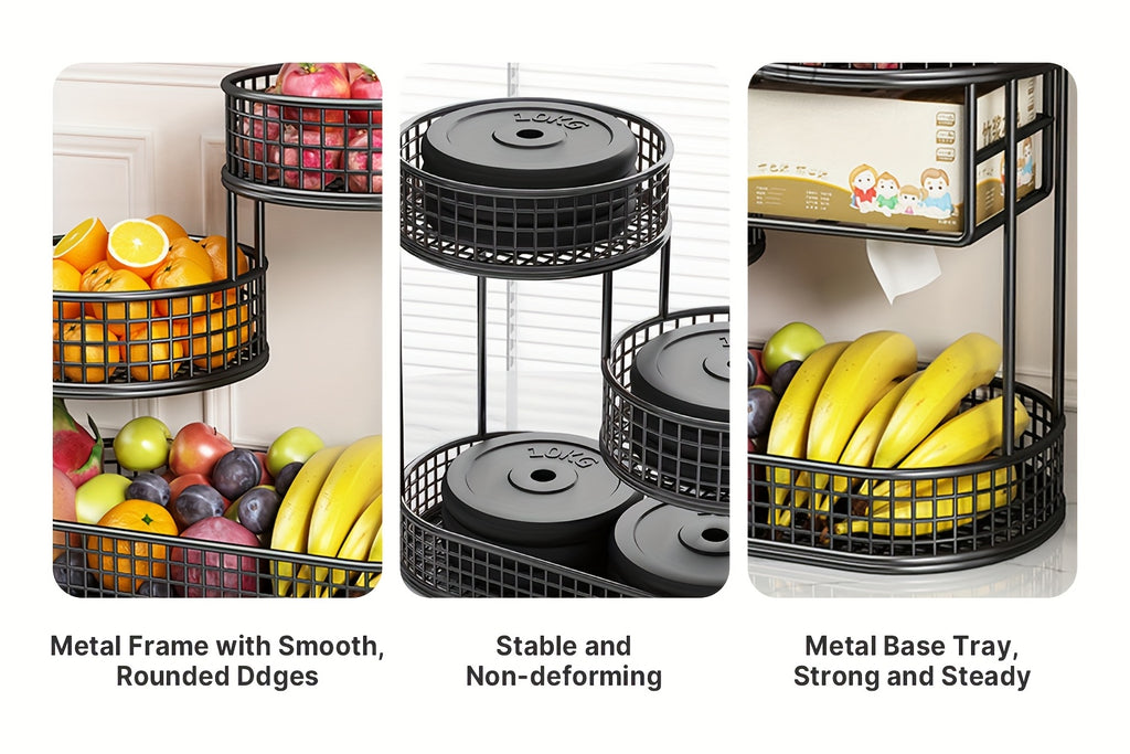3-Tier Metal Fruit Basket for Kitchen Organization, Large Capacity Produce, Bread and Snack Storage with Black and 3 tier-Golden Option Labels