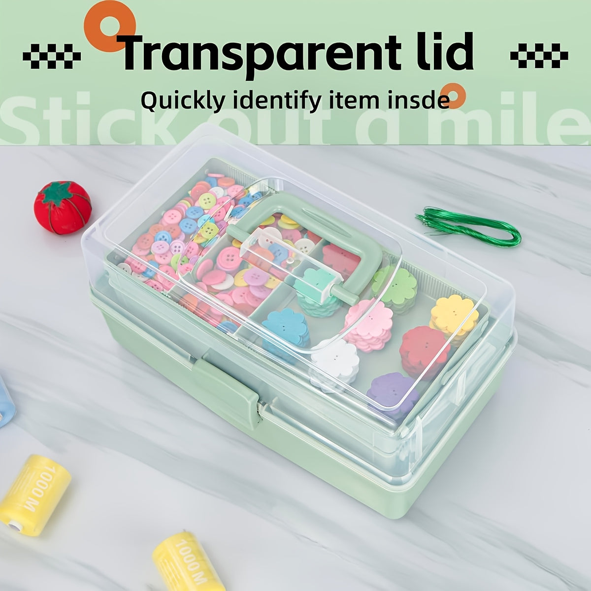Folding Craft Storage Box with Listed Three-Layer Adjustable Design and Transparent Lid, Portable Organizer for Sewing Tools, Art Supplies and Scrapbooking Materials