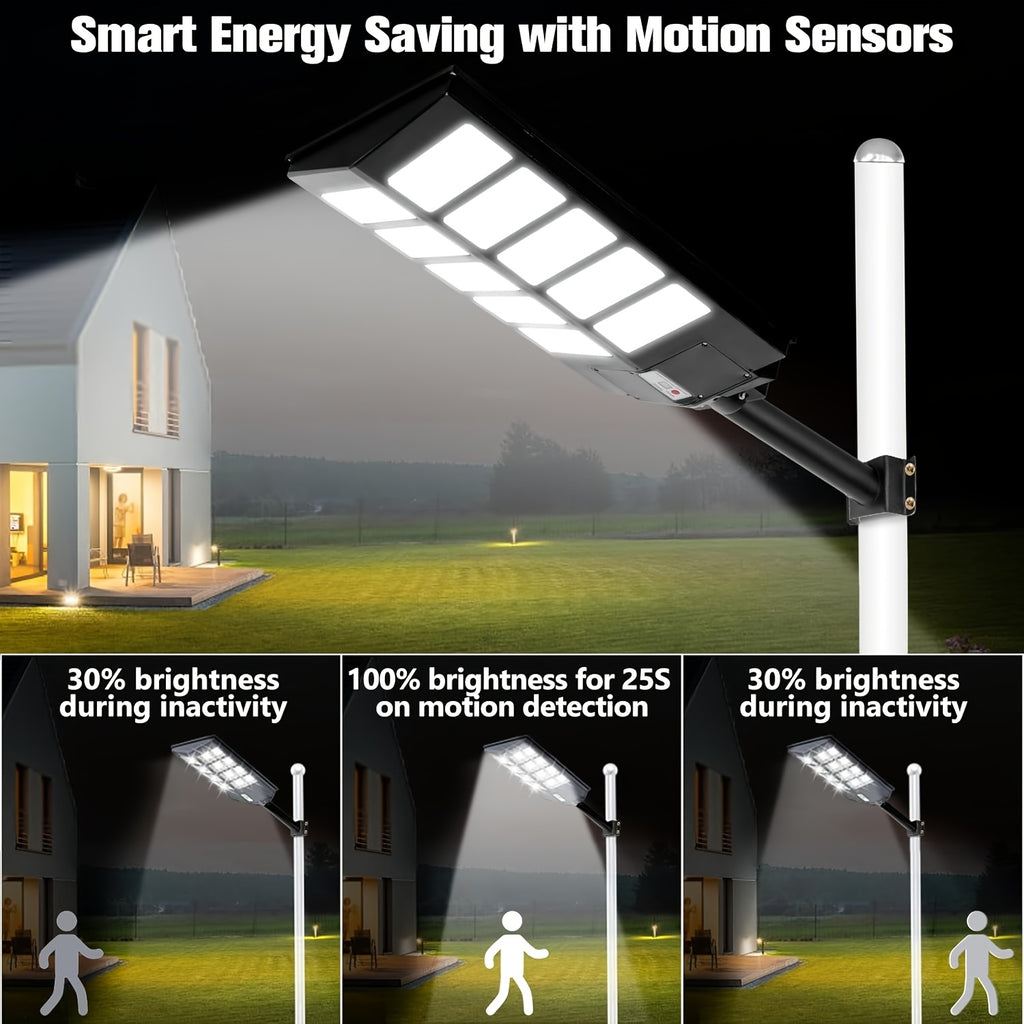 Solar Street Light with Motion Sensor and Remote Control, Matte Black Single-Pack 270, 360 or 800 LED Options with 6500K and Three Lighting Mode References