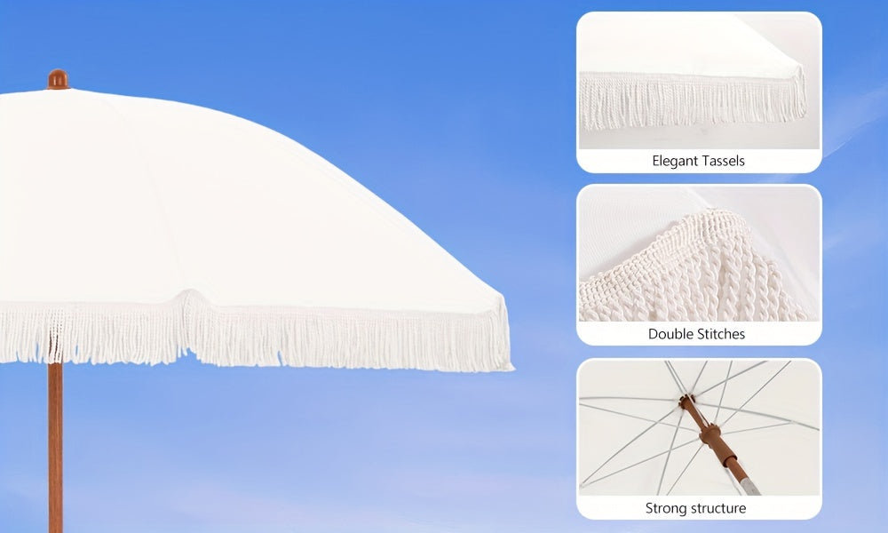Eight-Rib Patio Umbrella with Push-Button Tilt Adjustment for Outdoor Garden and Courtyard Seating, Beige, Blue Pinstripe and White Style Selections
